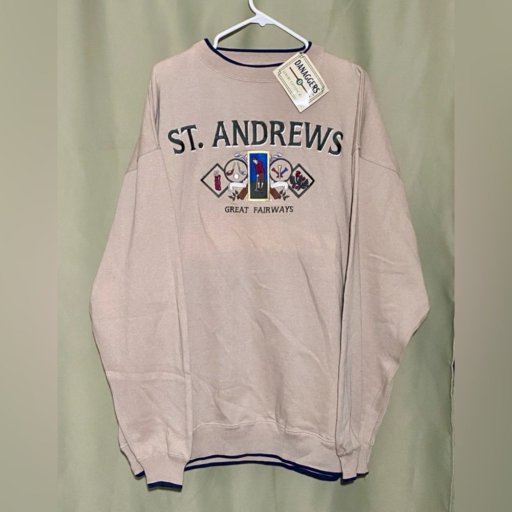 Vintage DANAGGERS Cream St Andrew’s Great Fairways Golf Sweatshirt Men’s XXL NWT